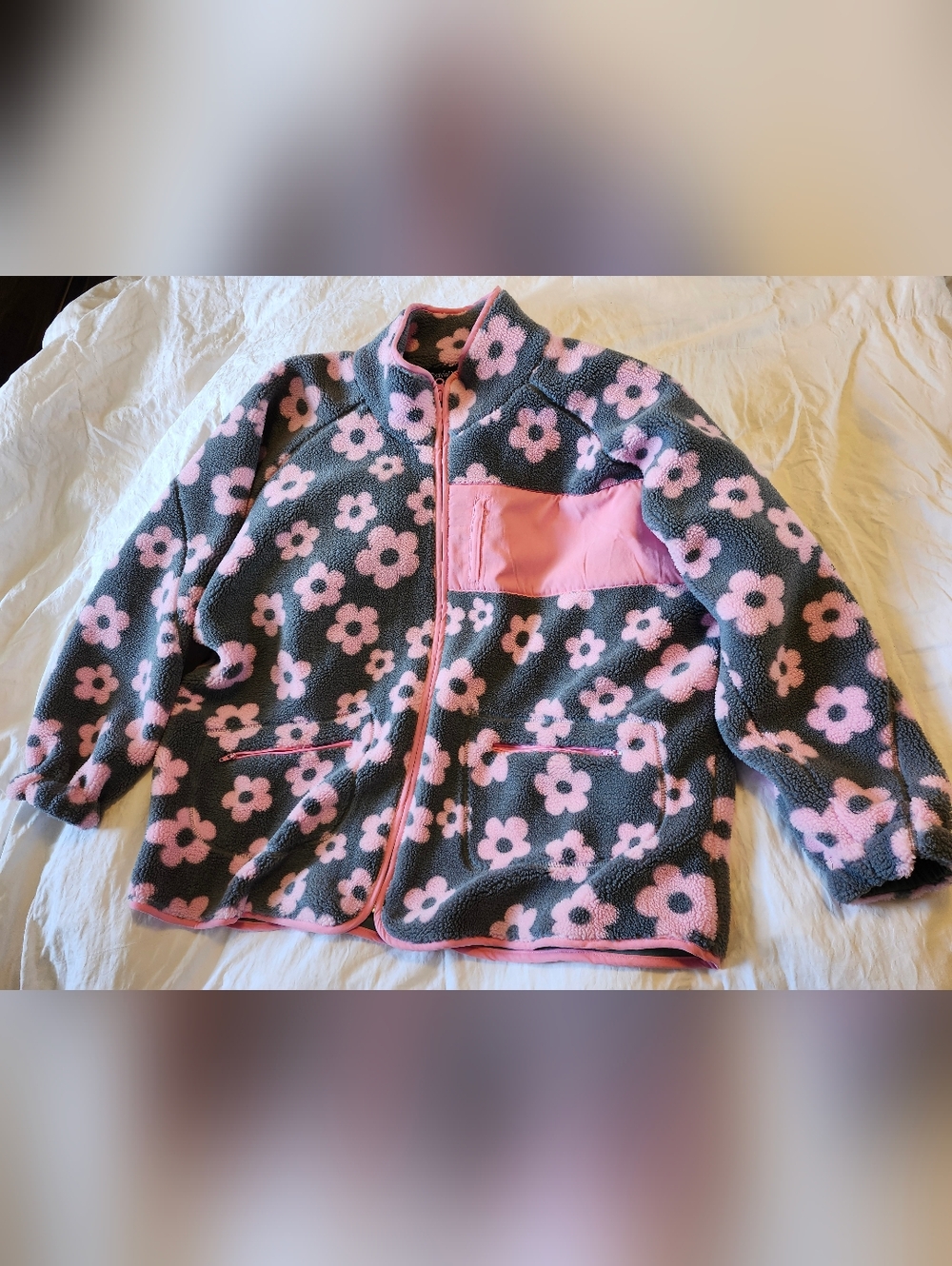 DAVI & DANI Pink and Gray Floral Fleece Jacket